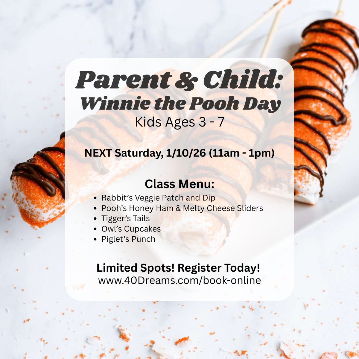 #WinnieThePooh Day is just 1 week away!
Register today! 

Next Sat. 1/10/26 (11am - 1pm)
#ParentChildClass (Ages 3–7)

Class menu:
🥕 Rabbit’s Veggie Patch &amp; Dip
🍔 Pooh’s Honey Ham &amp; Melty Cheese Sliders
🐯 Tigger’s Tails
🧁 Owl’s Cupcakes
🥤 Piglet’s Punch

#CookingThyme