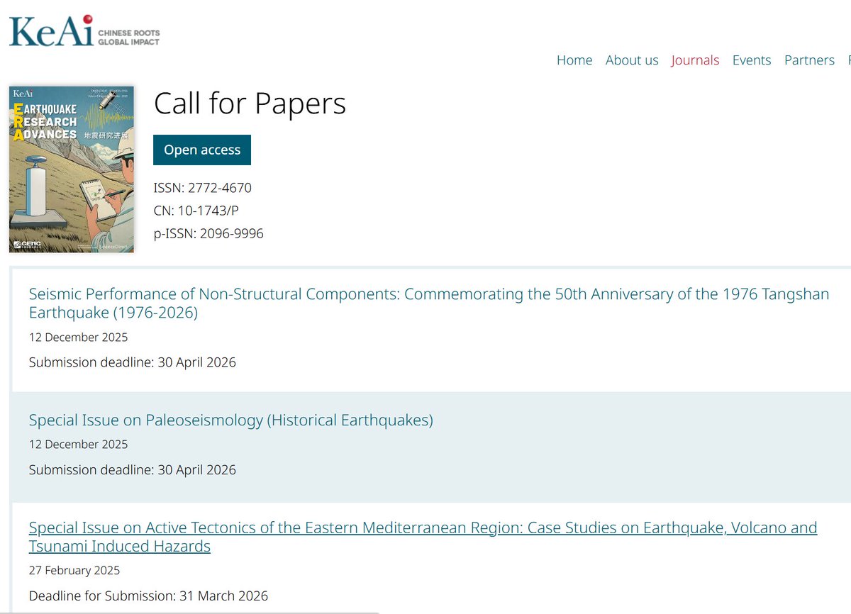 🚨 Call for Papers! Earthquake Research Advances (ERA) invites submissions for 3 Special Issues:
keaipublishing.com/en/journals/ea…
📅 Submission deadlines: March 31 - April 30, 2026
🌍 Open access, CN &amp; ISSN certified, WOS and Scopus index, Waivable publication fee.