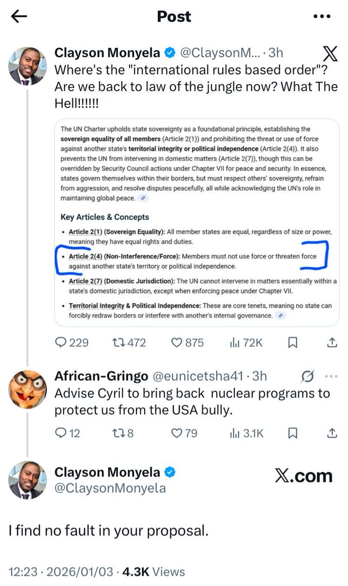 Clayson Monyela, a high-ranking member of a political party that has not been able to switch from analog to digital TV in 20 years, proposes to build a nuclear weapon.