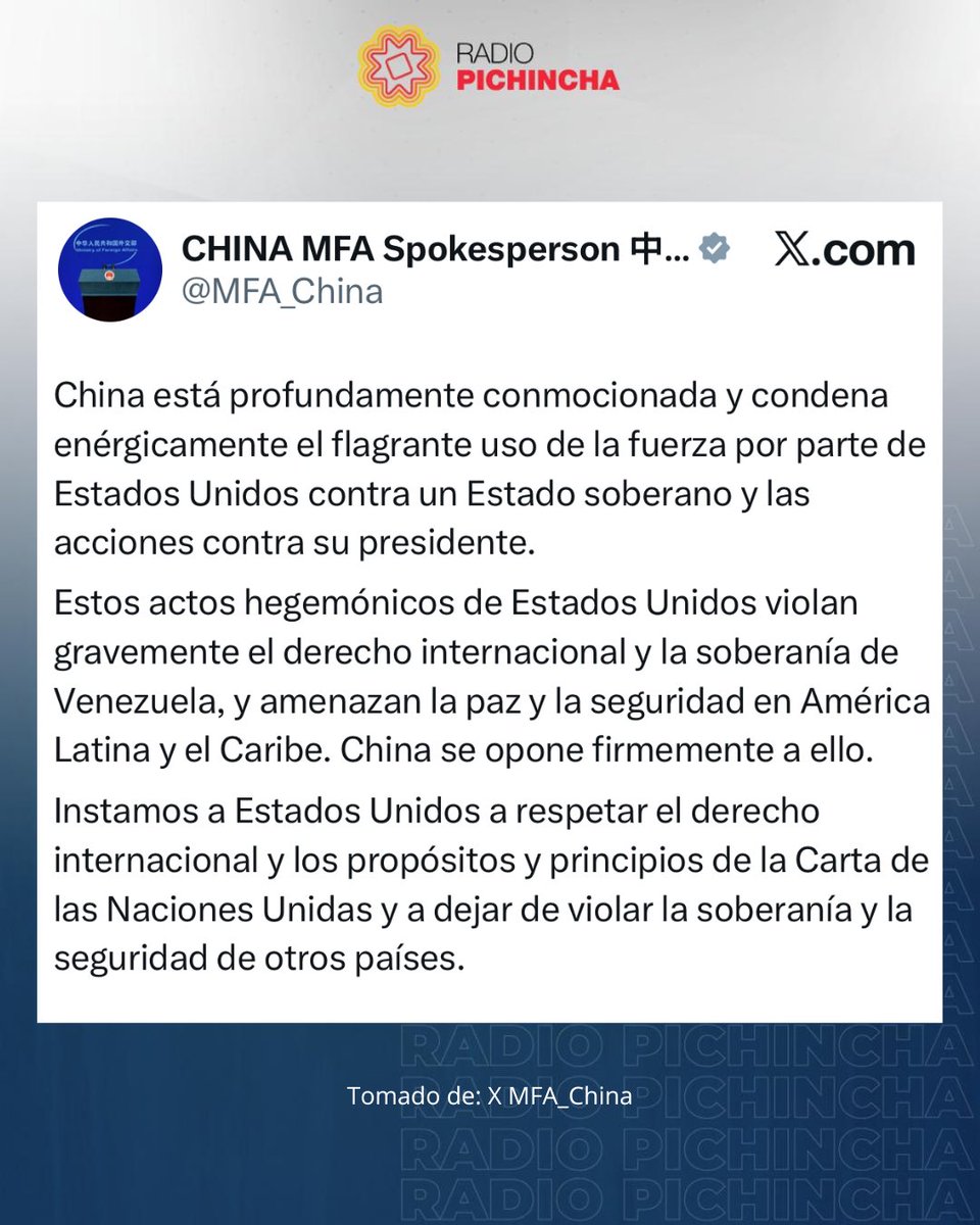 🛑#ÚltimaHora | Mediante un comunicado, <a href="/MFA_China/">CHINA MFA Spokesperson 中国外交部发言人</a> condena enérgicamente el “descarado uso de la fuerza por parte de EE. UU. contra un Estado soberano y la acción emprendida contra su presidente". "Este tipo de actos hegemónicos de EE. UU. violan gravemente el derecho