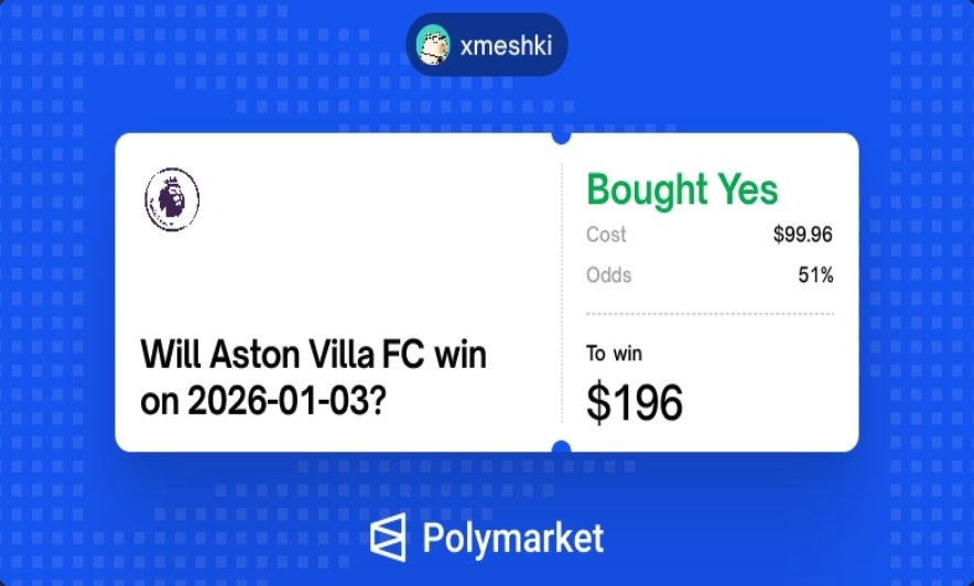 Another win on <a href="/Polymarket/">Polymarket</a>.

Thanks Aston Villa!

Share me your predictions for tonight matches! 

gPoly