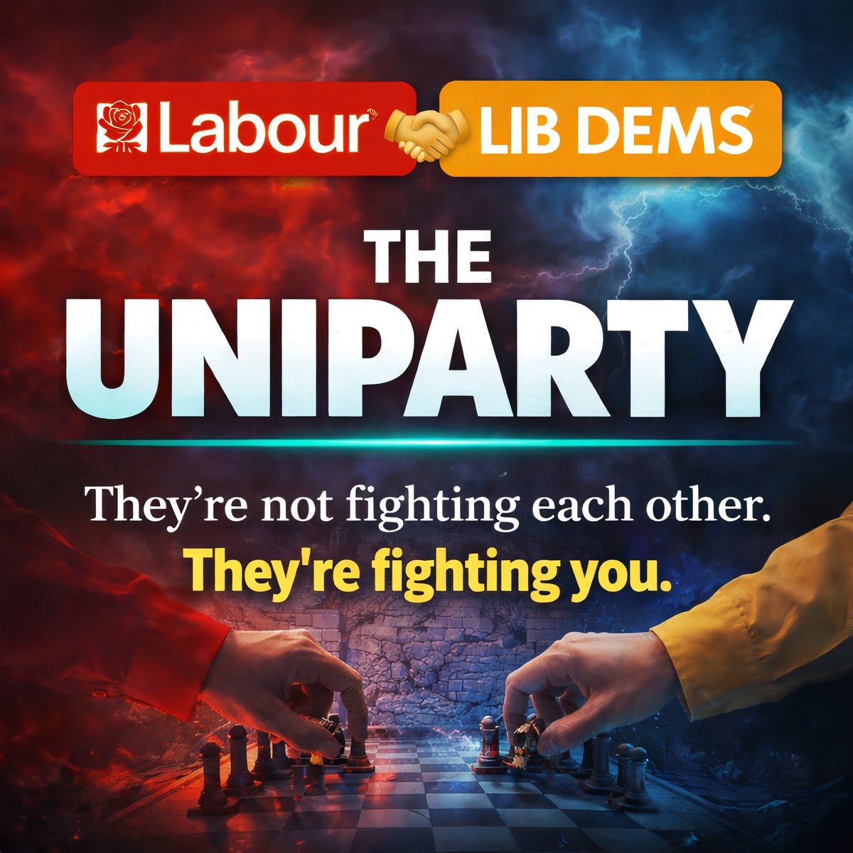 Labour and the Lib Dems are now openly planning a tactical voting pact to stop Reform in 2029.

They’re not competing on ideas anymore.
They’re coordinating against the public.

History teaches us that when every rival army suddenly lines up on the same side, it’s not because one