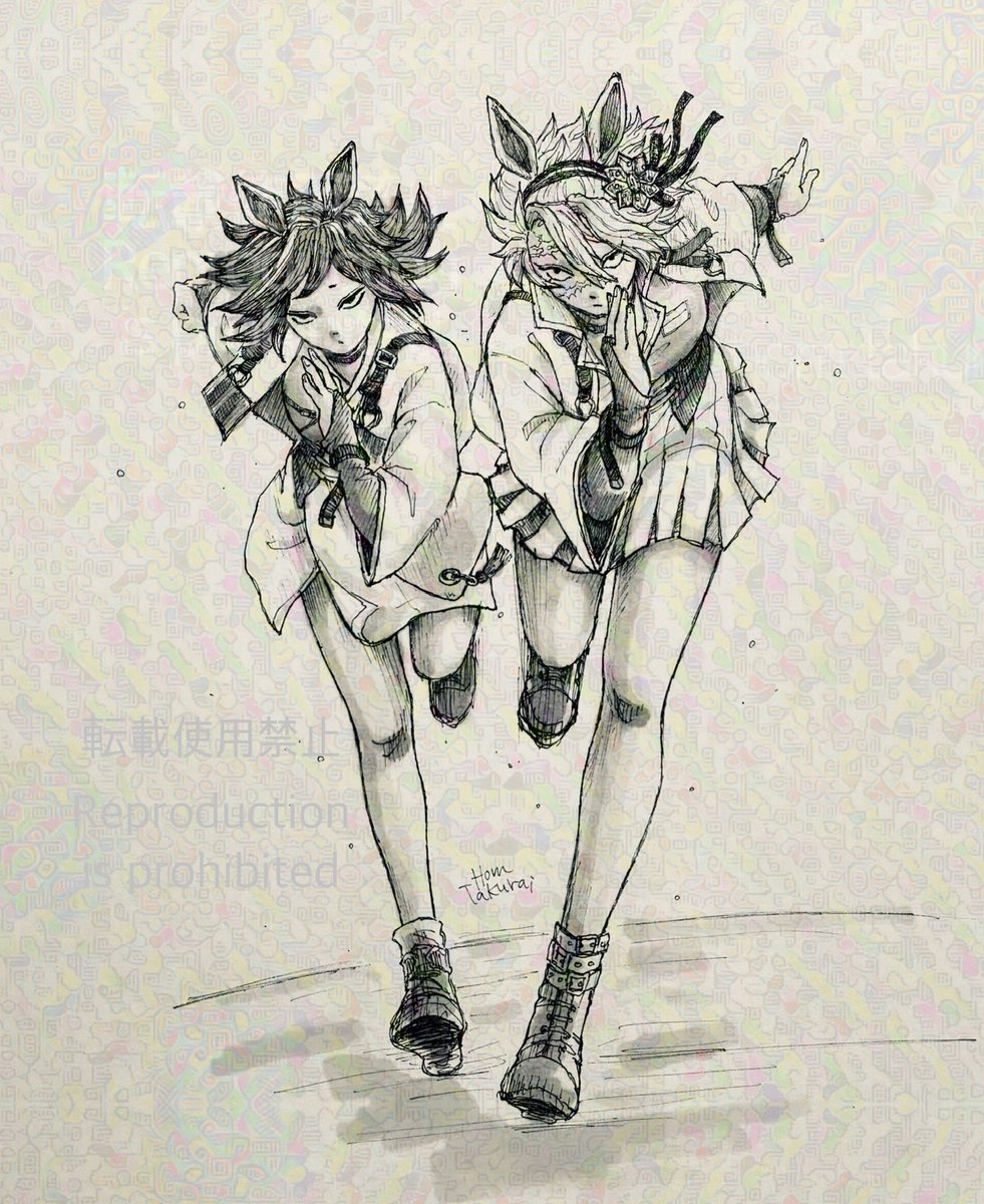 新🎍年の🩵空の下

ウブ屋＊シキ競🐎場で開催された
ウマ息子 H(ﾊﾁﾗ)1レース『お🏯様杯』

首差で競り合うのは
⚪️毛の韋駄🍤"オハギジンセンプー"と
⚫️毛の駿🐎"ショーシセンバン"

他の🐎たちを大きく引き離し
最終コーナーを回りました！
ゴールを勝ち取るのはどっち？！