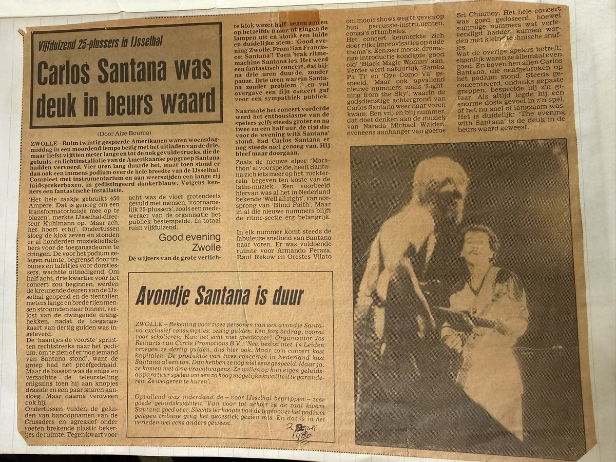 In 1980 was #santana in Zwolle. Al jaren zocht ik naar iets van dit concert. Foto, video of een artikel. Maar helaas.
Nu kom ik dit tegen in een verloren gewaande doos op zolder. #krant #zwolle