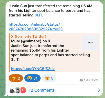 justin sun started dumping all his $lit 😬

credit <a href="/mlmabc/">MLM</a>