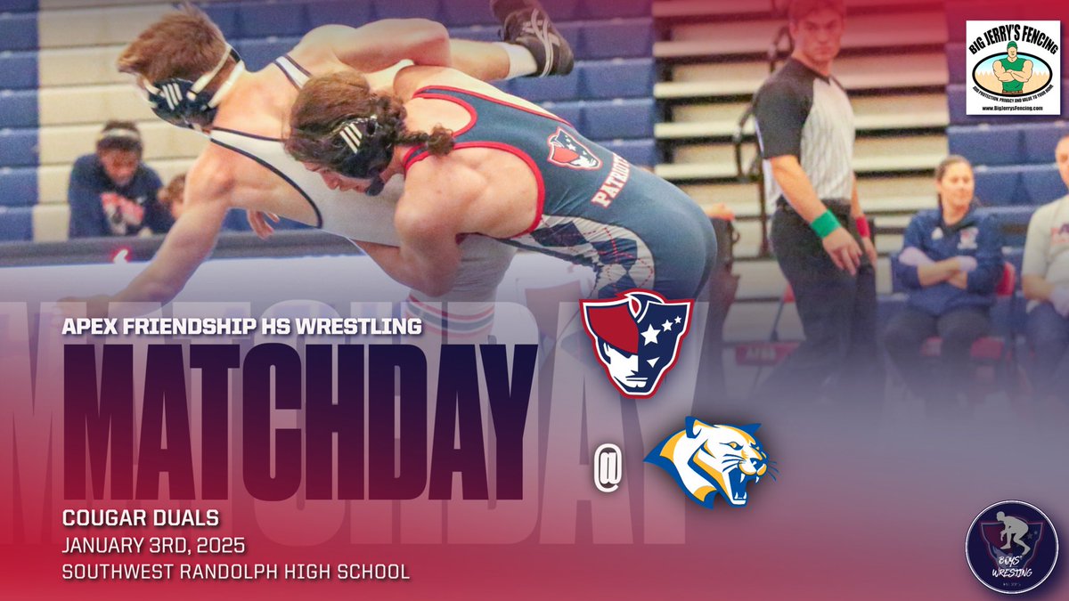 AFPatAthletics's tweet image. It’s MATCHDAY!!! Good luck to the Men’s @AFHS_Wrestling team as they compete in the Cougar Duals! Let’s go Pats! #PatFam #RepAFHS 🤼