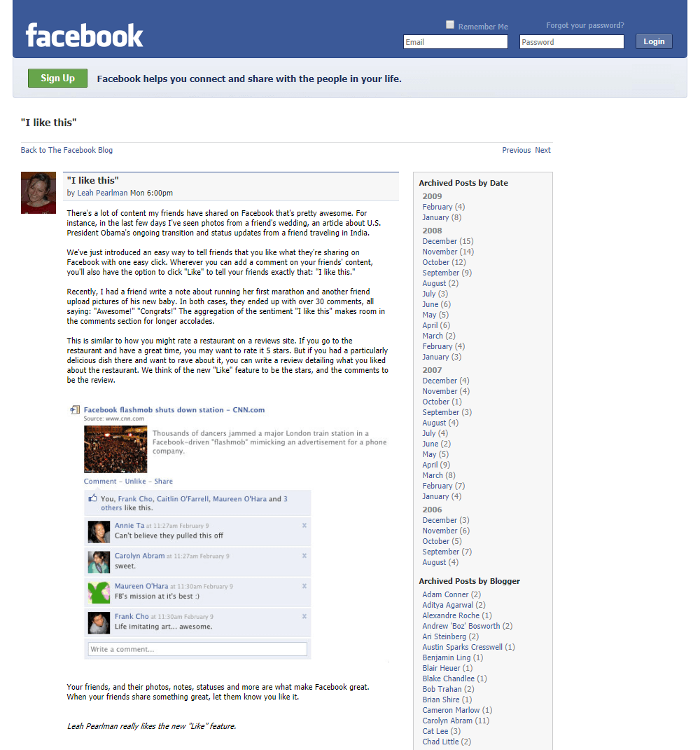 WebDesignMuseum's tweet image. On February 9, 2009, the internet social networking site Facebook introduced its “like button” feature for the first time.  

#InternetHistory
