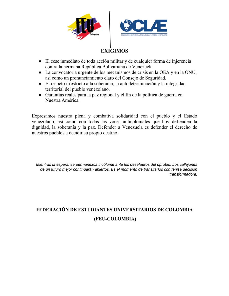 🔴Alzamos nuestra voz en rechazo total a la invasión por parte de los Estados Unidos a la República hermana de Venezuela. Defendemos la soberanía de los pueblos y la paz regional frente a cualquier intento de dominación.🇻🇪