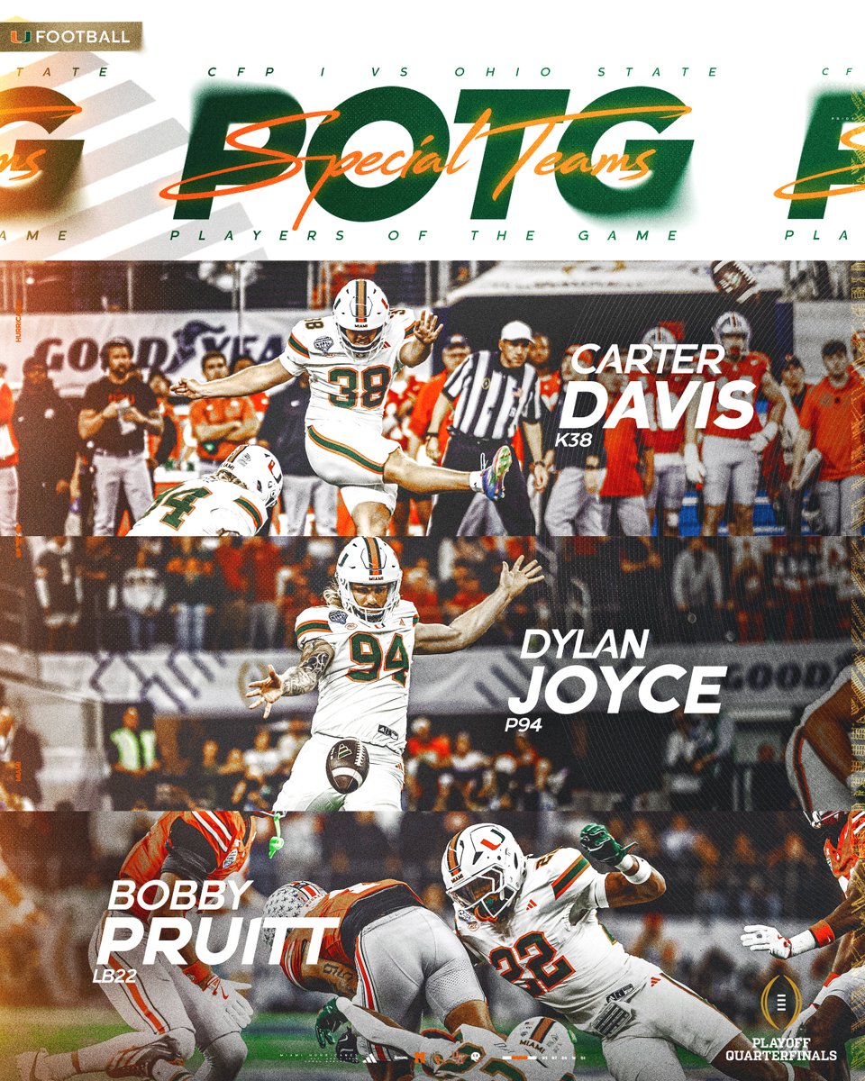 CanesFootball's tweet photo. Carter, Dylan and Bobby are your Special Teams Players of the Game! 🙌

#GoCanes | @CFBPlayoff https://t.co/Ro1WhlbgUF