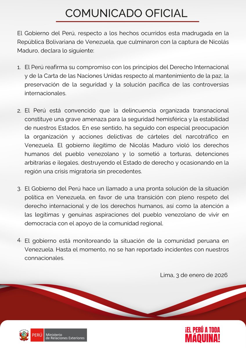 📄Comunicado Oficial 001-2026: Respecto a los hechos ocurridos esta madrugada en la República Bolivariana de Venezuela.

👉gob.pe/institucion/rr…