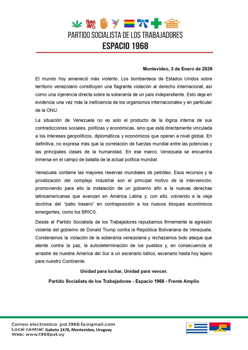 1968pstfa's tweet photo. Declaración ante la intervención militar de Estados Unidos en Venezuela.

Unidad para luchar, Unidad para vencer. https://t.co/FGVpTltWA4