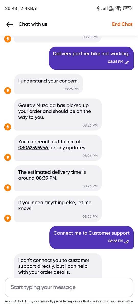 SatyamTrader's tweet photo. @Swiggy your AI bot is just delaying my order. I am clearly saying order is refused. How worst Swiggy lowest point can be. Worst service. My order is delayed no response from anyone. No support is provided. Nothing to contact support. 
Order id: 226419196380918.
Resolve it. https://t.co/Ur01Vtq3Xc
