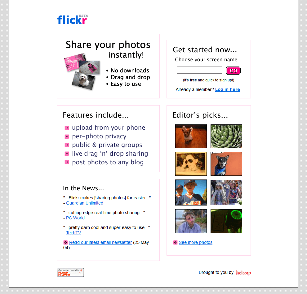 On February 10, 2004,  Ludicorp launched a photo-sharing community website called Flickr.

#InternetHistory
