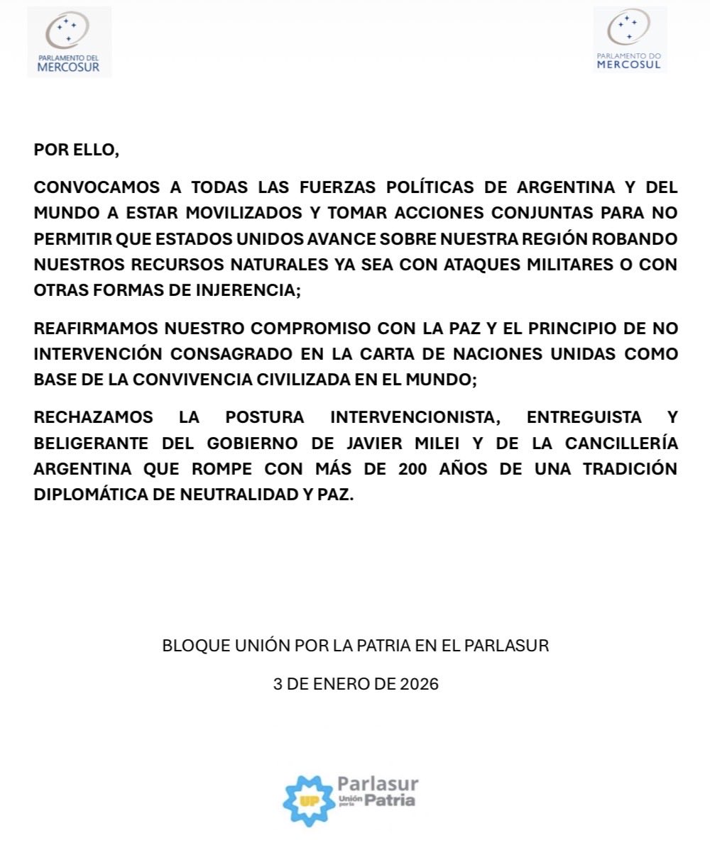 La paz y el diálogo no son solo deseos, son principios que defendemos en el <a href="/PARLASUR/">Parlamento MERCOSUR</a>. 

Desde <a href="/ParlasurUxP/">ParlasurUxP</a> reafirmamos el no intervencionismo y el respeto al derecho internacional como cimientos de nuestra región. 

Sudamérica es territorio de soberanía y ley; eso no se negocia.