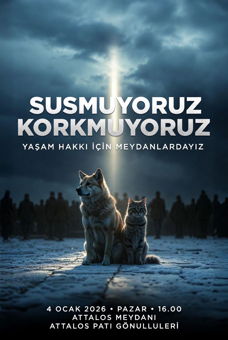 Attalos Meydanı
🗓 4 Ocak 2026 Pazar
⏰ 16.00
Susmuyoruz.
Korkmuyoruz.
Antalya, meydandayız.
Attalos Pati Gönüllüleri

#Antalya
#YaşamHakkı
#SusmuyoruzKorkmuyoruz
#HaklıyızKazanacağız