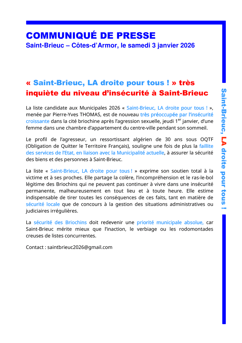 STB_LDPTous's tweet photo. L'insécurité doit changer de camp à #Saintbrieuc ! Avec "Saint-Brieuc, LA droite pour tous !", la sécurité des Briochins sera une priorité municipale absolue. https://t.co/hTjbEfr3Ql