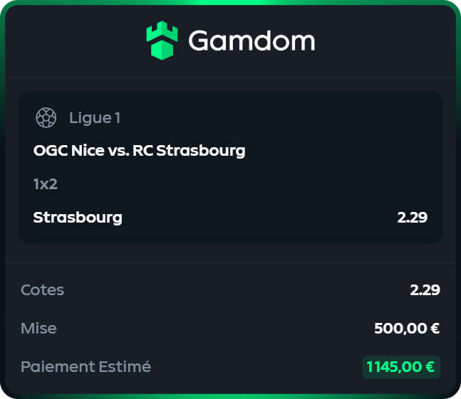 Montante du Week End ⚽️

- Étape 1 -
🎯 Strasbourg @ 2.29
💰 500€ ➡️ 1145€

#TeamParieur