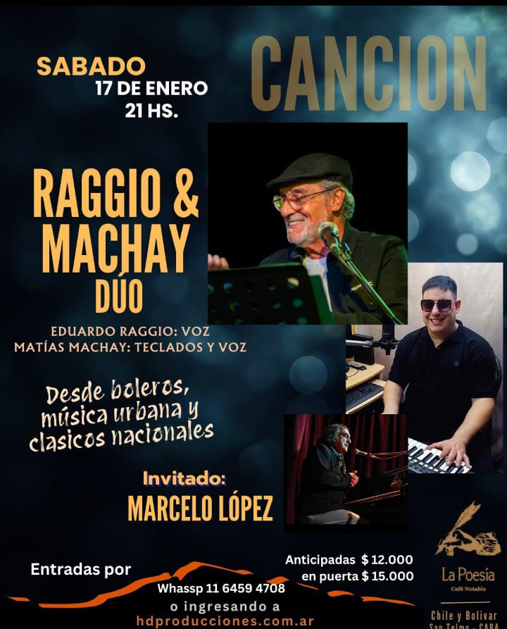 marcelolopezok's tweet photo. Sigo volviendo a Buenos Aires, esta vez para el 17 de enero, como invitado del dúo Raggio &amp; Machay; vamos a cantar algunos temas y los voy a acompañar en el piano. Si están por Buenos Aires, los espero. 
🗓 Sábado 17, 21 hs  
📍 "La Poesía" Chile y Bolívar, San Telmo, CABA https://t.co/bCTtXFNFep
