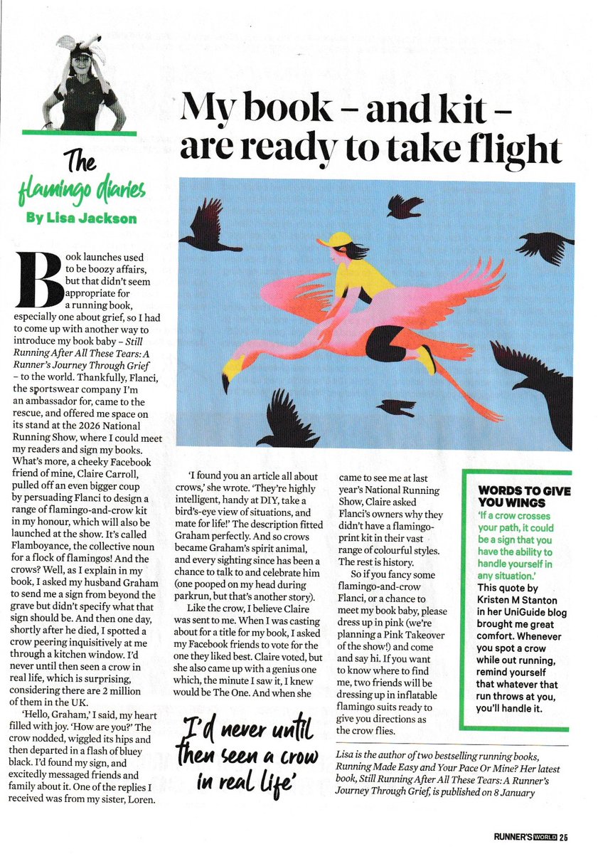 It's official - my column in the latest issue of Runner's World announces the launch of my latest running book Still Running After All These Tears (on pre-order now; will be released on 8 Jan) and the fabulous Flamboyance flamingo-and-crow Flanci fitnesswear inspired by it.