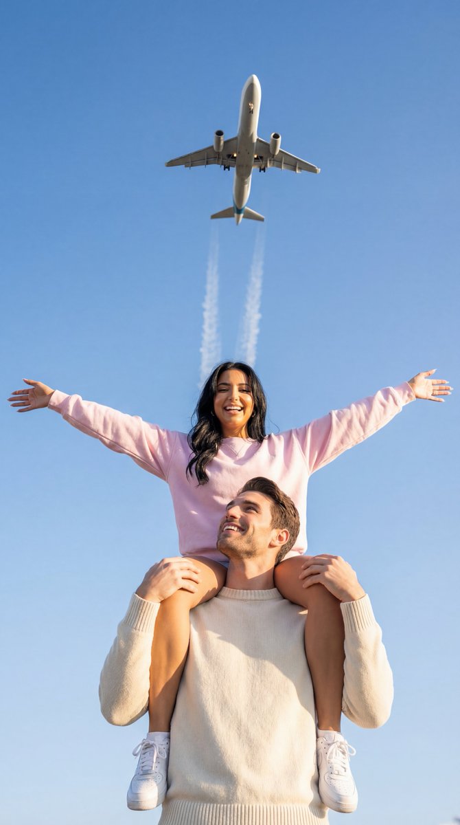 Nano Banana Pro  ✈️

Prompt:

{
  "generation_request": {
    "meta_data": {
      "tool": "NanoBanana Pro",
      "task_type": "photoreal_cinematic_travel_couple_low_angle_airplane_overhead",
      "version": "v1.0_SHOULDERS_CARRY_PLANE_SKY_HERO_SHOT",
      "priority":
