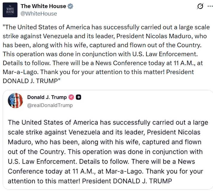 HuneySankhayan's tweet photo. According to official statements from Washington, the U.S. carried out what was described as a “large-scale strike.” The U.S. President claimed that Venezuelan President Nicolás Maduro and his wife were taken into custody. Venezuelan authorities have not formally confirmed this. https://t.co/mY828YoWOn