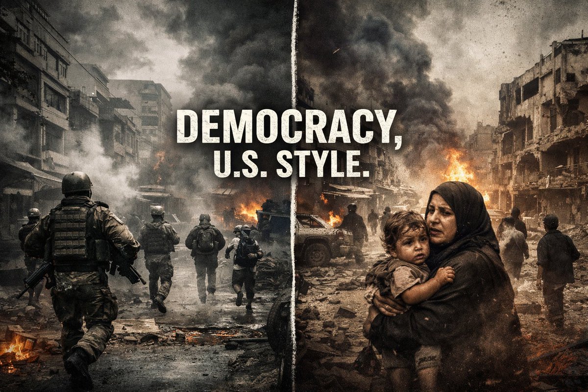 fambruharmy's tweet photo. Venezuela today. Iraq yesterday.
Same playbook. Same lies. Same “freedom” narrative—delivered by bombs and sanctions.
When the U.S. President speaks of democracy, the world remembers Caracas… and Baghdad. https://t.co/d6AUgeMuGJ