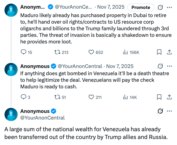 YourAnonCentral's tweet image. Venezuela opposition reports the so called "capture" of Maduro was a negotiated deal between Maduro and US for an agreed exit strategy. We reported in November that this would be the case. The US bombed Venezuelan service members as part of a death theatre. #VenezuelaInvasion