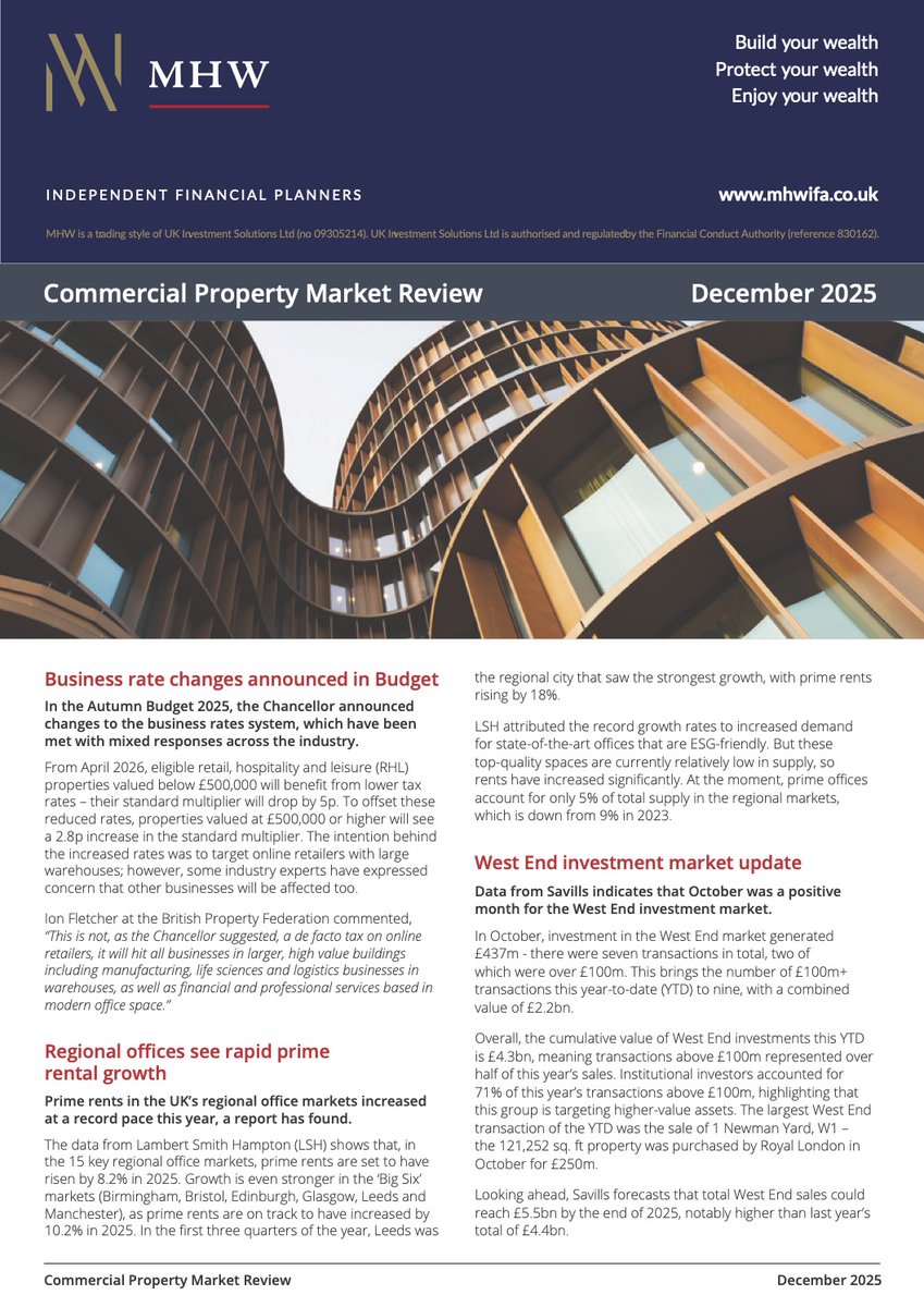 Our latest monthly Commercial Property Review is out. Download it along with other newsletters here.

mhwifa.co.uk/news/

If any of the content resonates with you, get in touch for a free review of your circumstances.

#commercialproperty #financialadviser #financebroker
