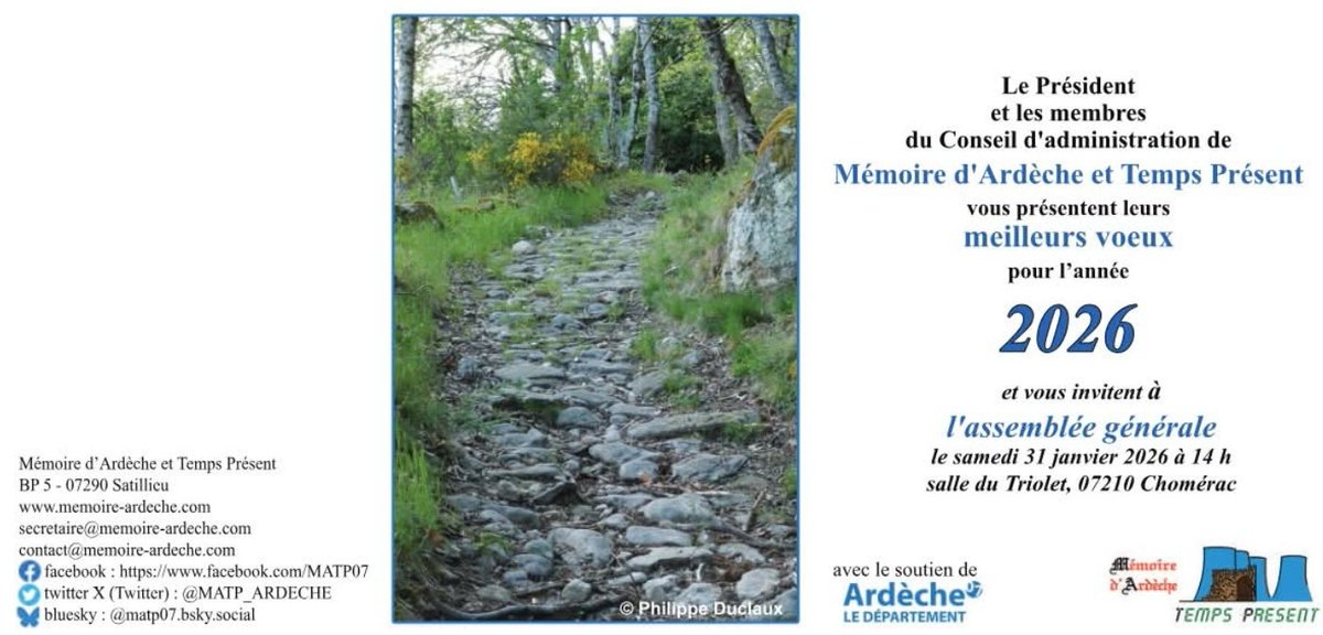 MATP_ARDECHE's tweet image. ✨ Vœux 2026 &amp;amp; Assemblée Générale de MATP ✨
MATP vous présente ses vœux 2026 et donne rendez-vous le 31 janvier pour tenir son Assemblée Générale à CHOMÉRAC. 
Un moment d’échanges et de perspectives pour l’année à venir.
#MATP #Ardèche #Chomérac #patrimoine