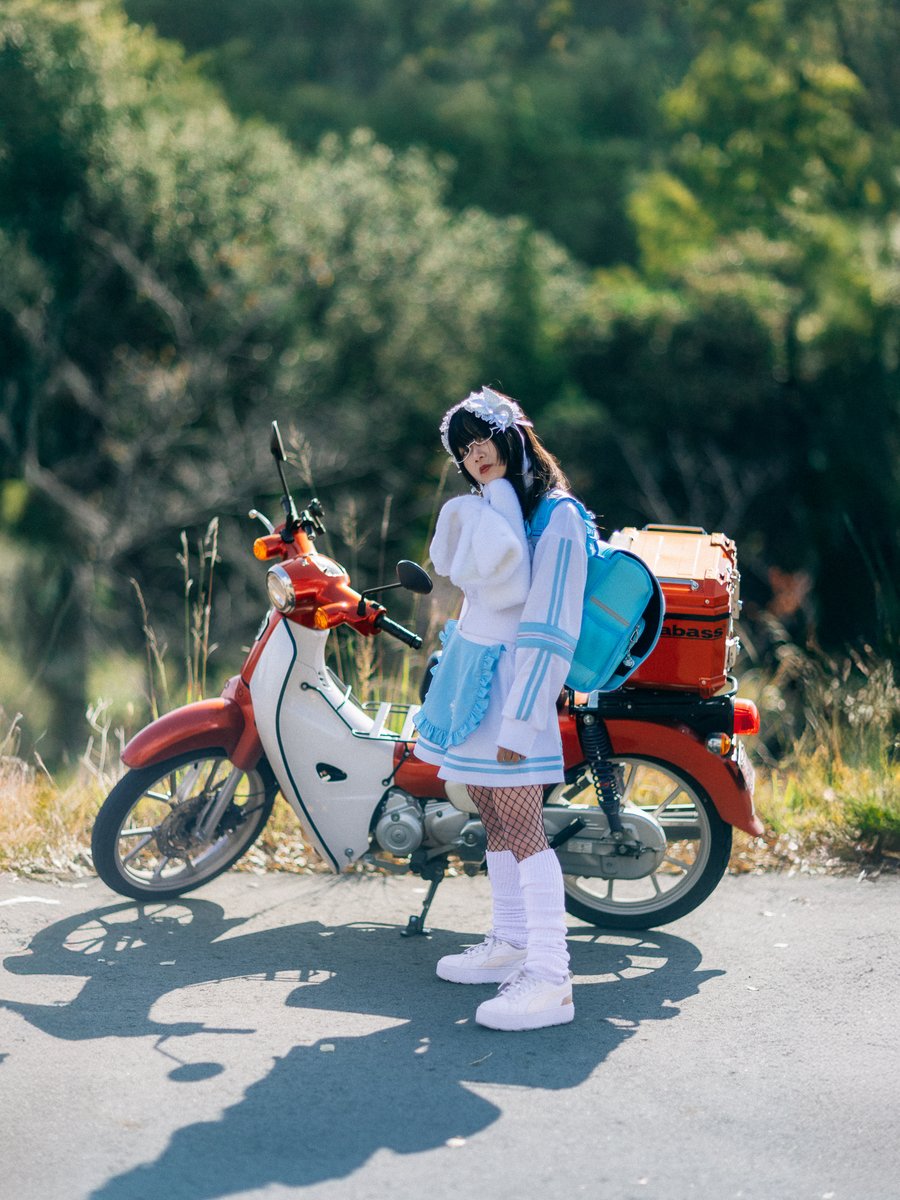 A red motorcycle looks perfect against the green of the forest