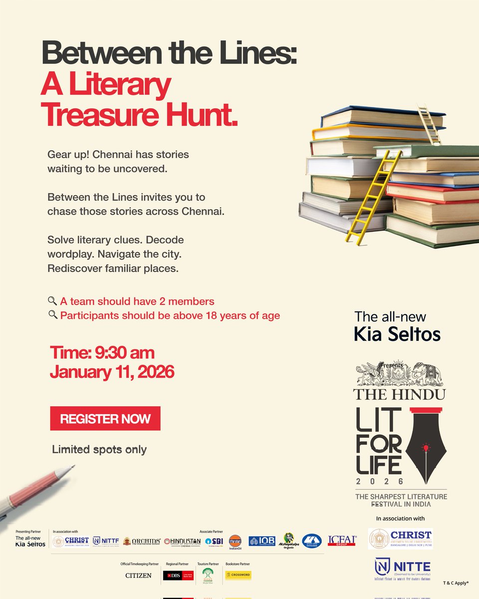 HinduLitforLife's tweet photo. Between the Lines, a treasure hunt that maps Chennai's literary landmarks and cultural connections.
Jan 11, 2026
Register now to receive more details.
#TheHinduLitForLife2026 #BeyondTheBook https://t.co/nY0BTnXmfo