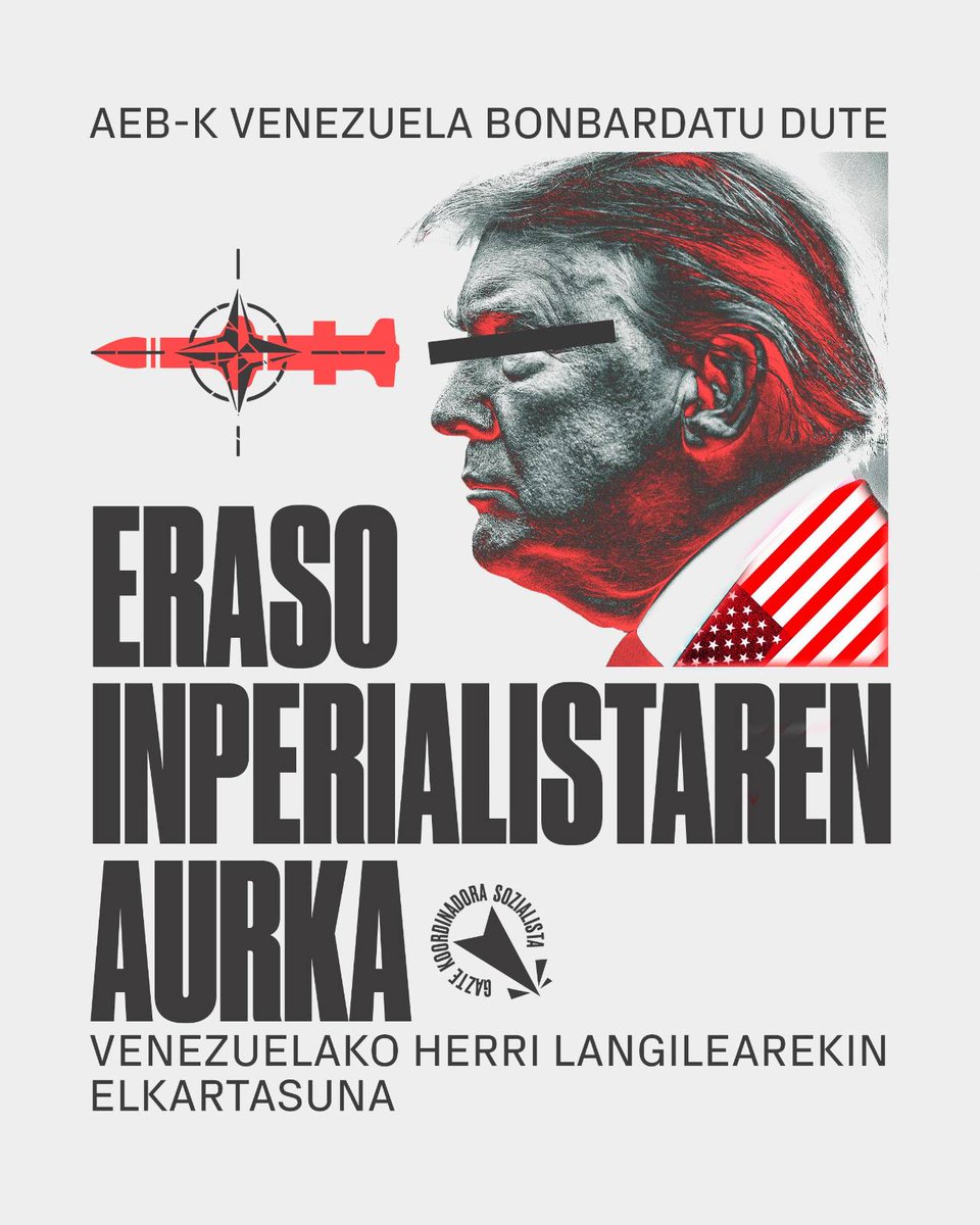 🔴AEB-k Venezuelaren aurka egindako eraso inperialista salatzen dugu eta gure elkartasuna adierazi nahi diogu bertako herri langileari. 

Bide horretan gaur arratsaldean <a href="/EHKSozialista/">Euskal Herriko Kontseilu Sozialista</a>|k deitutako elkarretaratzeetara batzeko deia egiten dugu.