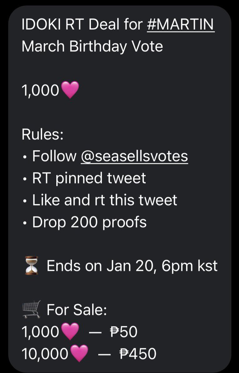 martinsarchive's tweet image. IDOKI RT Deal for #MARTIN [ March Birthday Vote ]

1,000🩷

Rules:
• Follow @seasellsvotes
• RT pinned tweet
• Like and rt this tweet
• Drop 200 proofs

⏳ Ends on Jan 20, 6pm kst

🛒 For Sale:
1,000🩷  —  ₱50
10,000🩷  —  ₱450