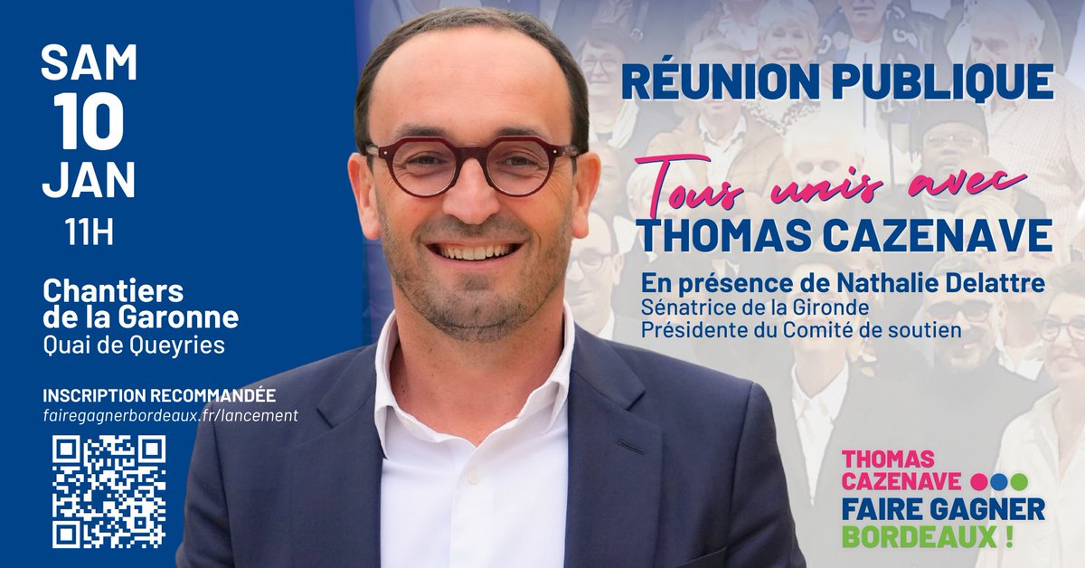 T_Cazenave's tweet photo. ⚡️A moins de 3 mois de l’élection municipale, notre dynamique pour faire gagner Bordeaux s’accélère, prête pour la dernière ligne droite ! 

👋 Venez à notre rencontre, “tous unis avec Thomas Cazenave” en présence de Nathalie Delattre et de nos soutiens. https://t.co/k0c6hfLDoH