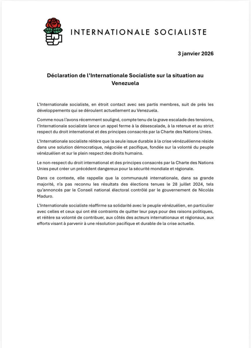 🇪🇸Declaración de la Internacional Socialista sobre la Situación en
Venezuela

🇬🇧Statement of the Socialist International on the situation in
Venezuela

🇫🇷Déclaration de l'Internationale Socialiste sur la situation au
Venezuela
