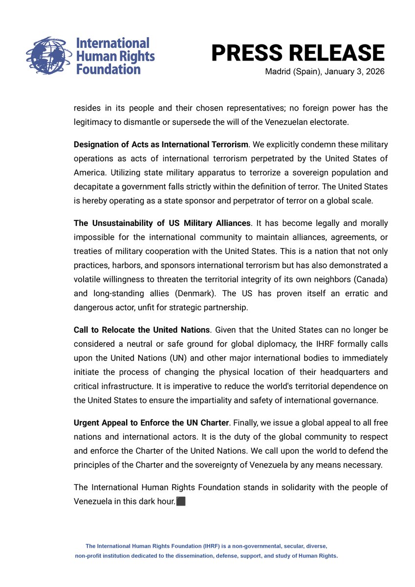 #Venezuela🇻🇪 IHRF Condemns US Military Aggression Against Venezuela as International Terrorism; Calls for Immediate Relocation of UN Headquarters. #PressRelease #UnitedStates #venezuelainvasion