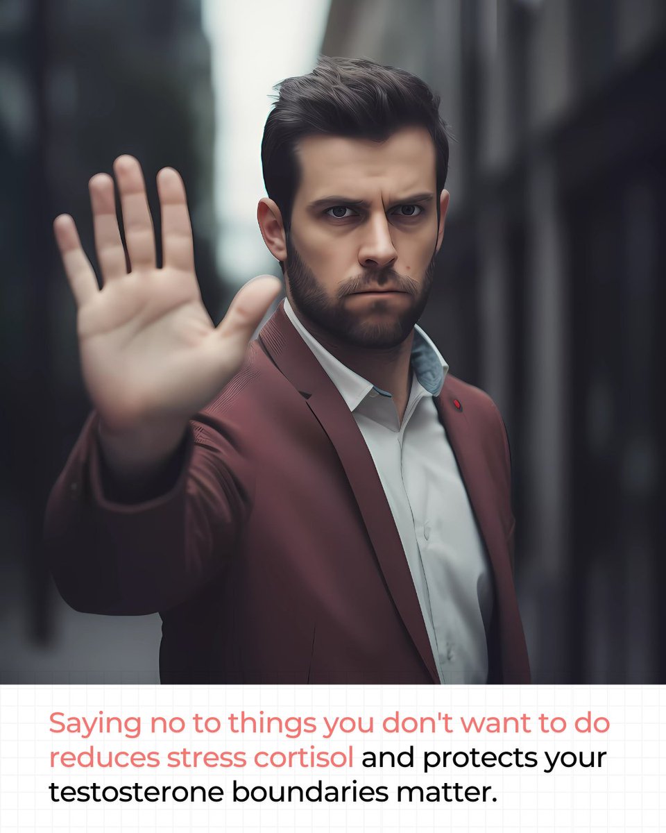 TrtClub's tweet image. Boundaries = testosterone protection. 🛑💪 Saying "no" to things you don't want to do reduces stress, lowers cortisol, and protects your testosterone. Stop people-pleasing. #TestosteroneNaturally #SelfRespect #TestosteroneSupport #MentalHealth #Biohacking #TestosteroneProduction