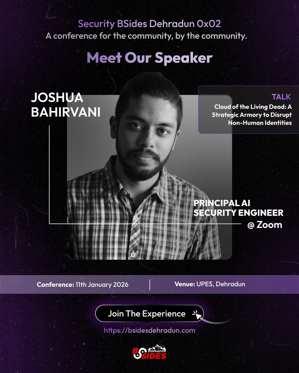BSidesDehradun's tweet photo. 🚨 Your cloud might already be compromised, and you won’t even see it.

That’s the reality of non-human identities: service accounts, tokens, workloads, and AI-driven access quietly expanding your attack surface.

At Security BSides Dehradun 0x02, we’re bringing this conversation to the front stage with:

🎤 Joshua Bahirvani
Principal AI Security Engineer @ Zoom

🧠 Talk:
Cloud of the Living Dead: A Strategic Armory to Disrupt Non-Human Identities

If you work in cloud, identity, AI security, or large-scale infrastructure, this talk alone is worth the pass.

⏳ Last Call Reminder
Registrations close on 5 January 2026, once closed, there’s no second window.

📅 Conference: 11 January 2026
📍 UPES, Dehradun
🎟 Book your seat now: https://t.co/tHbbis1yEq

Miss this, and you’ll hear about it later.

#BSidesDehradun #CloudSecurity #IdentitySecurity #AIsecurity #CyberSecurity #InfoSecCommunity #BSidesIndia #BSidesDoon