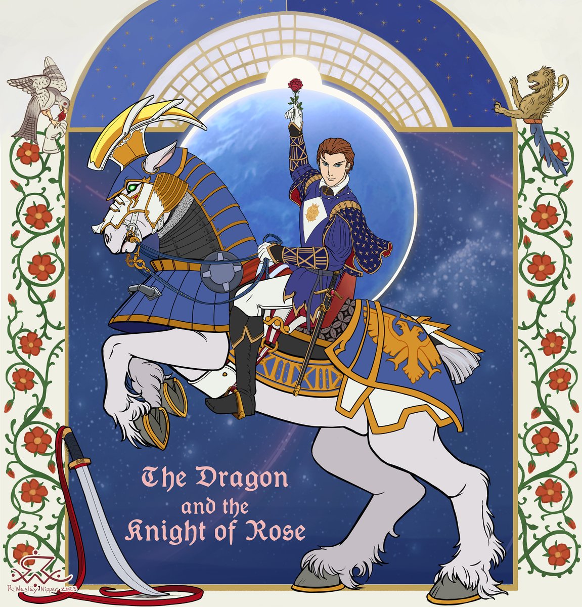 ThatOtherWesley's tweet photo. The poem was done by Christmas *last year* but the illustration took me another year to finish (appropriate!). I promised myself I would  get it done by New Year's, and at 8pm on December 31st, I kept that promise by the skin of my teeth. 
XD I'm never drawing a horse again. https://t.co/xApzgbWhxM