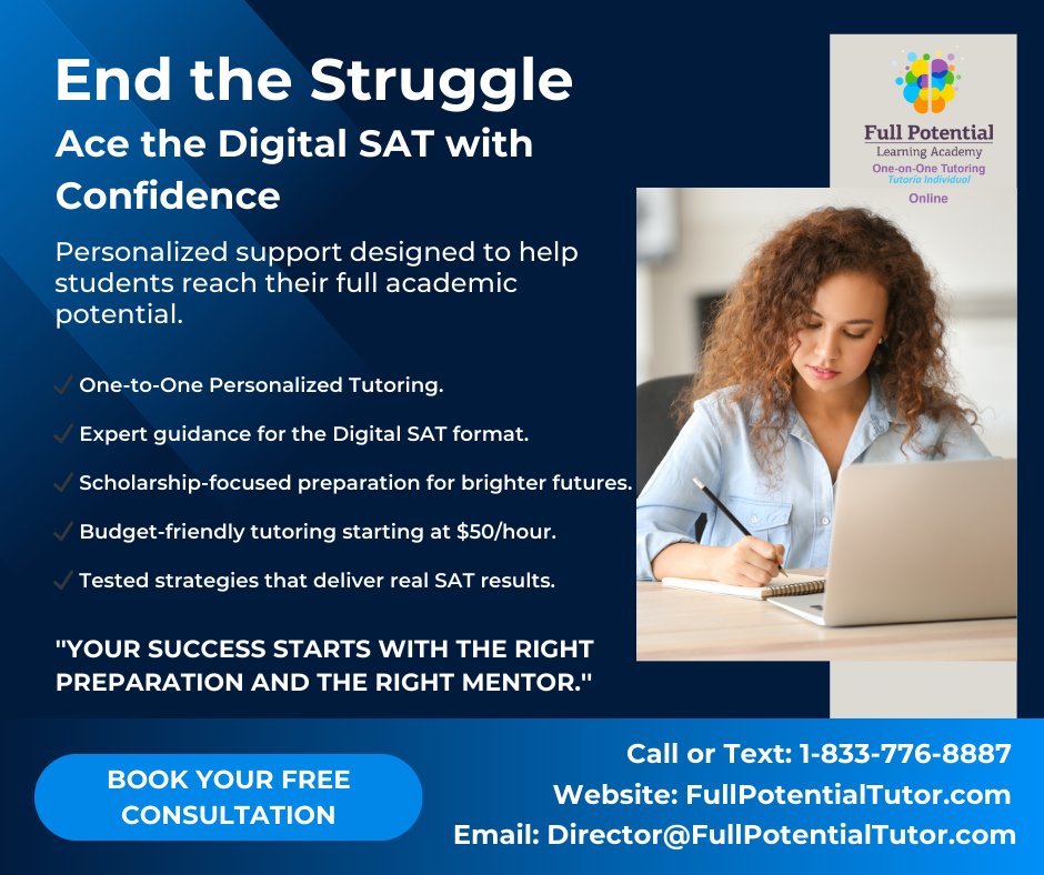 FPLAUSA's tweet image. 🚀 Master the Digital SAT with expert one-on-one tutoring.
🎯 Personalized prep.
💰 Only $50/hr.
🎓 Scholarship-focused strategies.

✅ Free Consultation ➡️ zurl.co/T4gqt
#DigitalSAT #SATprep #AcademicSuccess