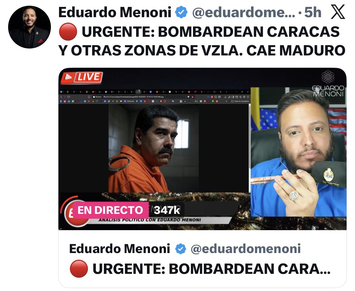 En este momento, el periodista venezolano Eduardo Menoni, es la fuente  número 1 de información con más de 347.000 personas en X, informándose  sobre todo lo que está pasando en Venezuela con