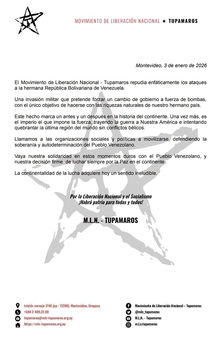 Declaración del MLN-Tupamaros ante la brutal agresión yanqui contra Venezuela
