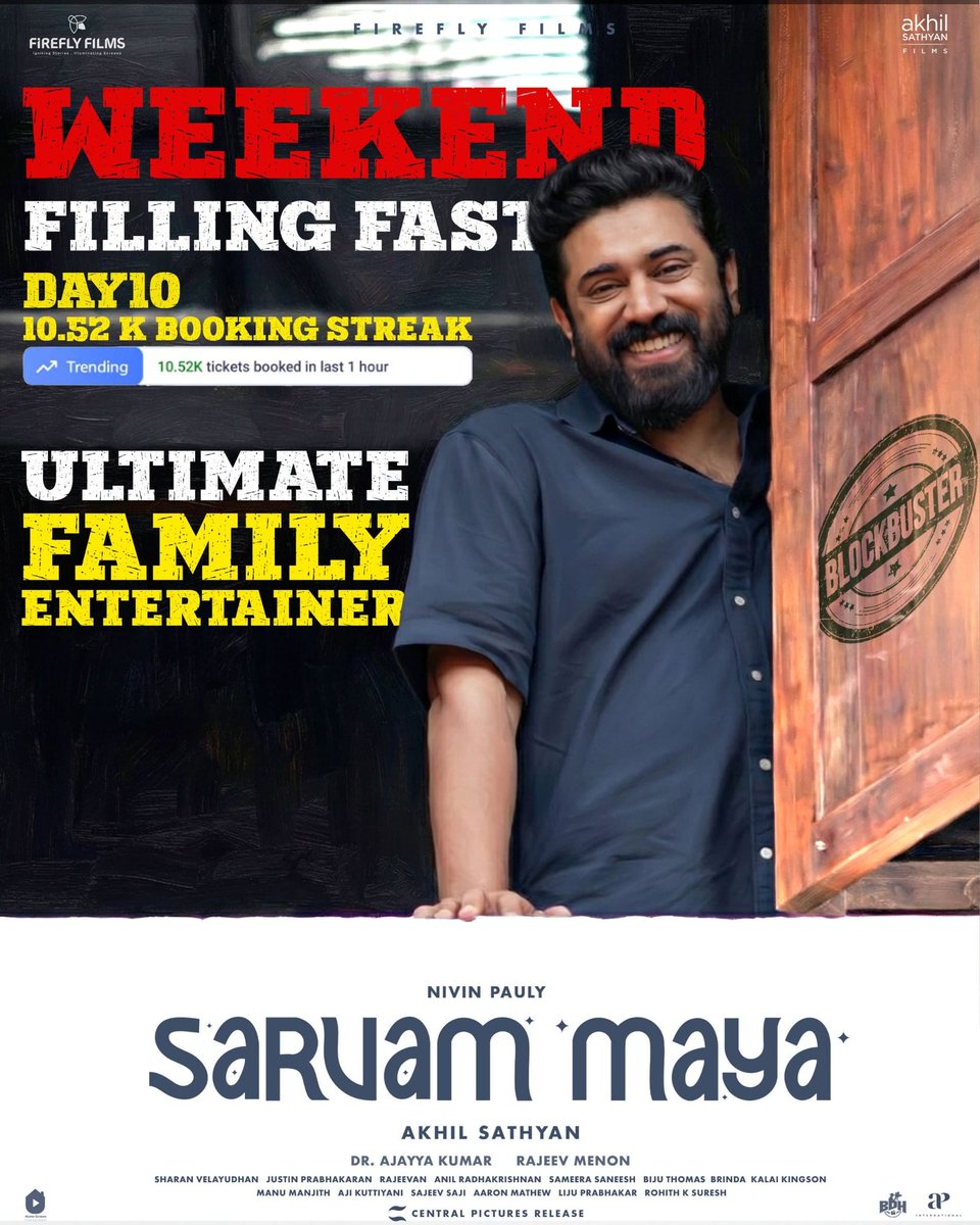 basilmbenny01's tweet photo. GLORIOUS WEEKEND WITH PACKED SHOWS AND UNSTOPPABLE HOLD - DAY 10 📈

🔥🔥🔥TRIPLE DIGIT SOON... 💯⏳📈

FOR THE OG ENTERTAINER OF MOLLYWOOD. ❤️

#NivinPauly #Blockbuster #BlockbusterSarvamMaya https://t.co/2tB7gPLzwl