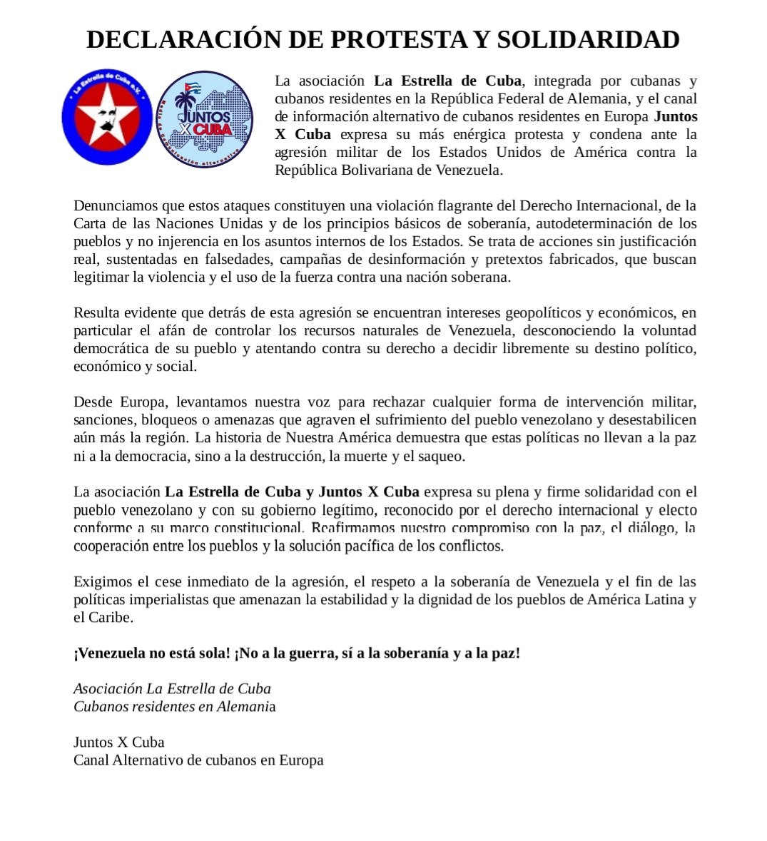 EmbaCuba_RFA's tweet photo. Asociación de Cubanos Residentes en Alemania La Estrella condena ataque de #USA contra #Venezuela
#SolidaridadConVenezuela https://t.co/NqVWW0Fk1r