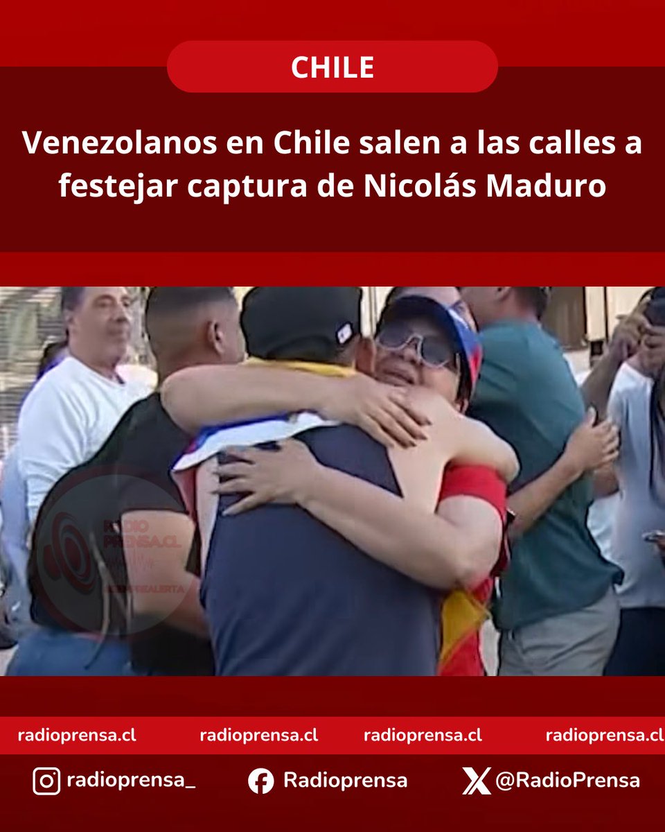 🔴AHORA: Poco a poco cientos de venezolanos en Santiago comenzaron a salir a las calles para festejar la captura y caída de Nicolás Maduro, tras un ataque militar efectuada esta madrugada por Estados Unidos.