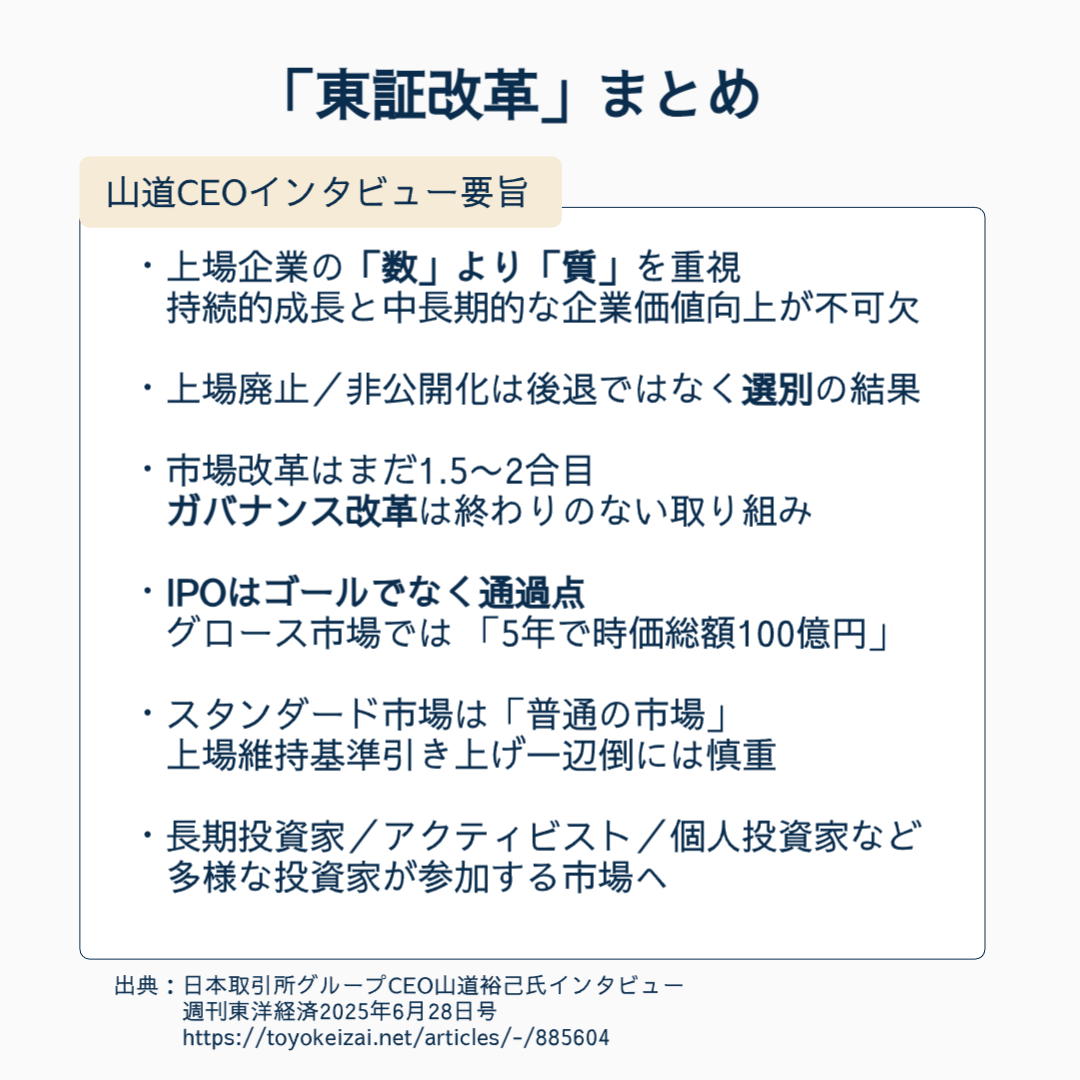 東証改革の本質】 東証は「上場企業の数」より「企業の質」を重視。 IPOはゴールではなく通過点。 グロース市場では「上場後も成長できるか」が問われ、  「5年で時価総額100億円」が基準に。 2025年12月8日に規程改正が実施されています。 EXITは多様化し、 成長の質が ...