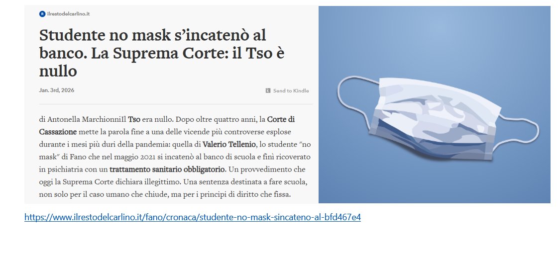 Erinni15's tweet image. Cassazione: il #TSO allo studente di Fano senza #mascherina fu illegittimo. Non si poteva internare il ragazzo con un TSO solo perché era contrario alla mascherina. Sentenza che fa scuola sui limiti del potere pubblico e sulla tutela dei diritti. #covid #restrizionicovid