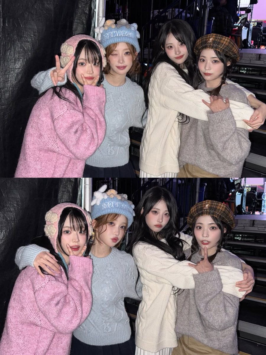 chobdan's tweet image. backstage moment with qwer. soft knits, warm boots, and playful hats—winter vibes wrapped in friendship and style. every detail tells a cozy story of togetherness and charm.