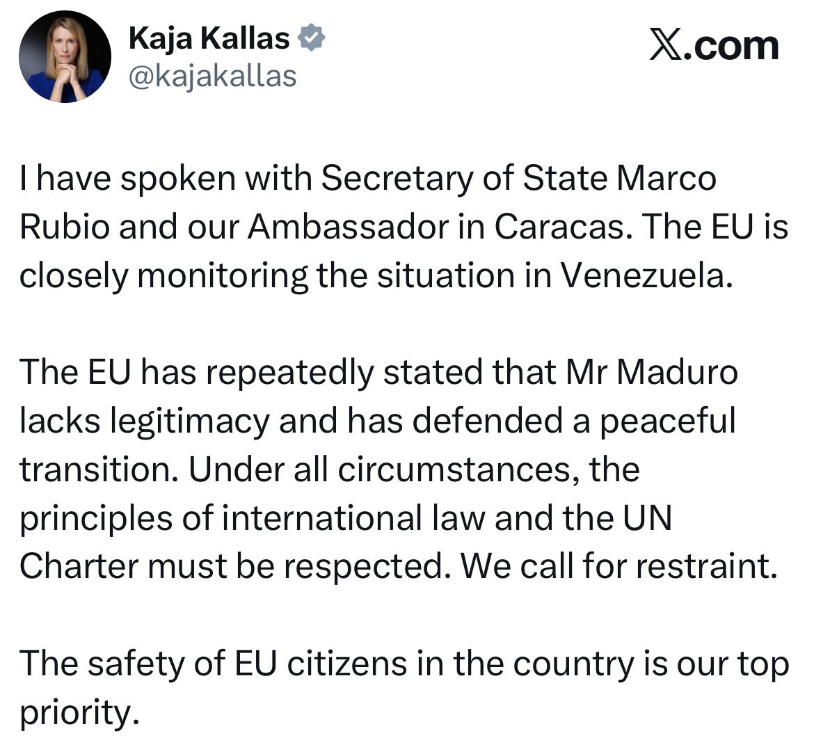 🚨Below is the statement from the EU Rep for Foreign Affairs on Trump’s claim he  kidnapped Maduro and his wife, and the US bombing of Venezuela. 

LET ME TRANSLATE: 

The EU doesn’t have a clue how to respond so it’s urging “restraint” while never mentioning international law,