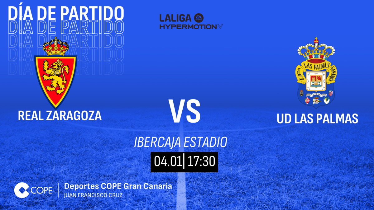 🟡🔵 ¡Este domingo hay fútbol!

⚽ <a href="/RealZaragoza/">Real Zaragoza</a>
⚽ <a href="/UDLP_Oficial/">UD Las Palmas</a>

🕒17.30 horas en <a href="/CopeCanarias/">COPE Canarias</a>  
  
🎙️<a href="/juanfrancruzcar/">Juan Francisco Cruz</a>
🎙️<a href="/DoramasRguez/">Doramas Rodríguez</a>

🎤 <a href="/javi_sanchez_p/">javi sanchez</a>
🎤 <a href="/tiferanvalido/">tiferan valido barri</a>
🎤 <a href="/JosemiAlamo/">José Miguel Álamo</a>

📻103.0 102.9 (sur) 98.3 (Lanz)
💻 cope.es/emisoras/canar…